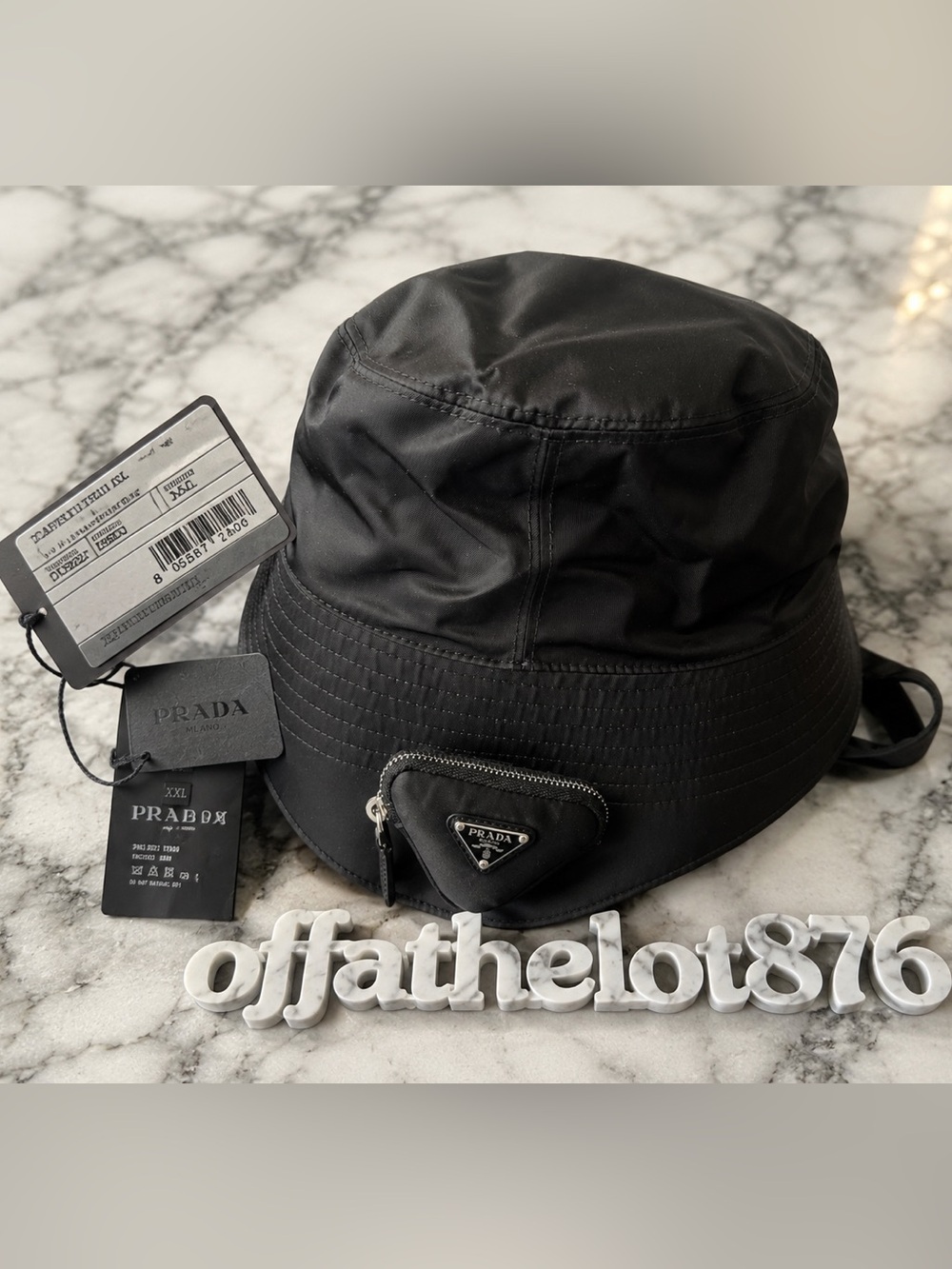 Prada Black Re-Nylon Bucket Hat with Front Zip Pocket